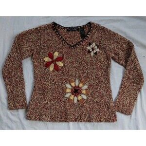 Crazy Horse Collection Marled Floral Applique V-Neck Sweater Boho Peasant Small